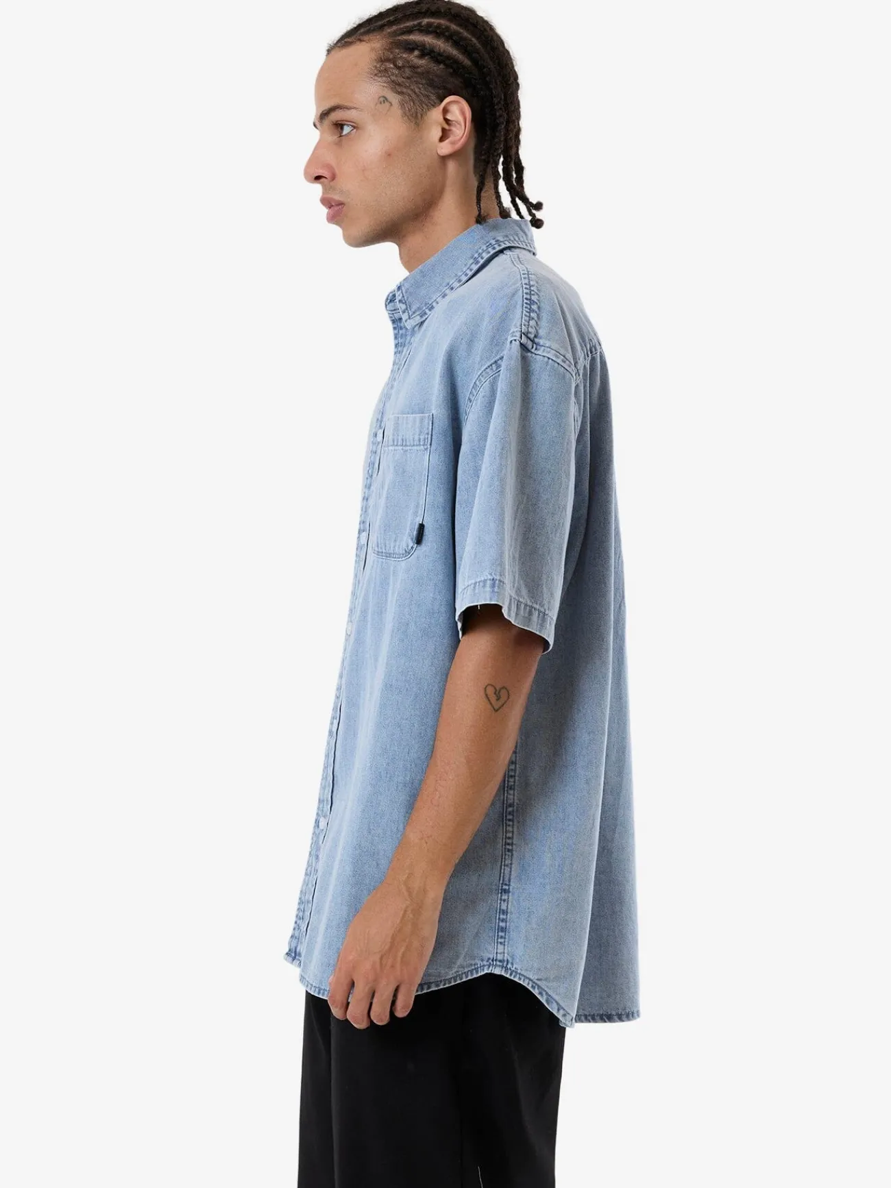 Clearance Thrills Canyon Oversize Short Sleeve Denim Shirt - Faded Rinse Indigo FadedRinseIndigo