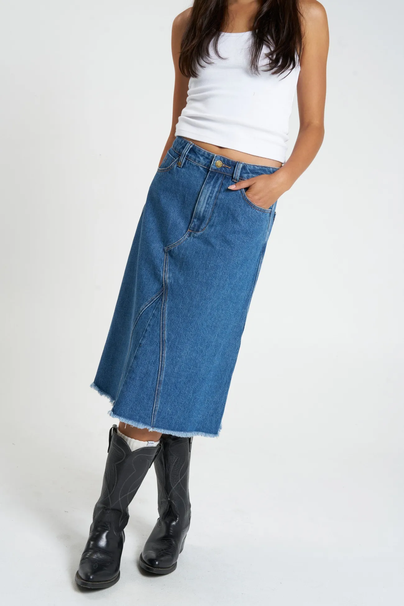 Fashion Thrills Cooper Midi Skirt - Rinsed Blue RinsedBlue