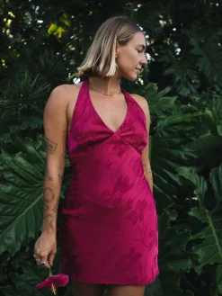 Best Thrills Dakota Floral Halter Mini Dress - Dark Cherry DarkCherry