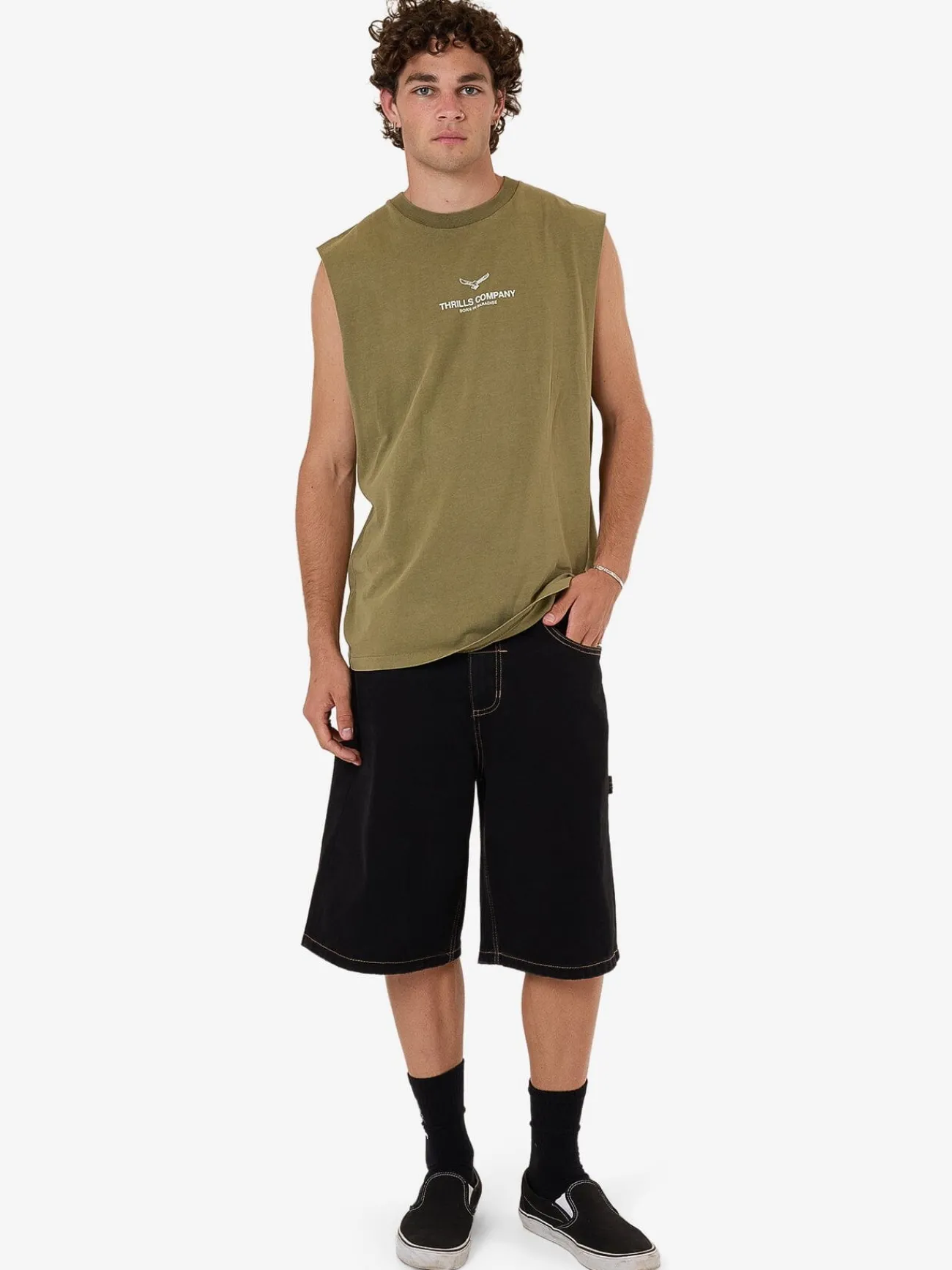 New Thrills Emblem Merch Fit Muscle Tee - Olive