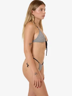 New Thrills Gia Gingham Tie Front Tri Bikini Top - Black