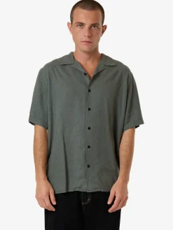 Hot Thrills Hemp Minimal Contrast Stitch Bowling Shirt - Dark Forest DarkForest
