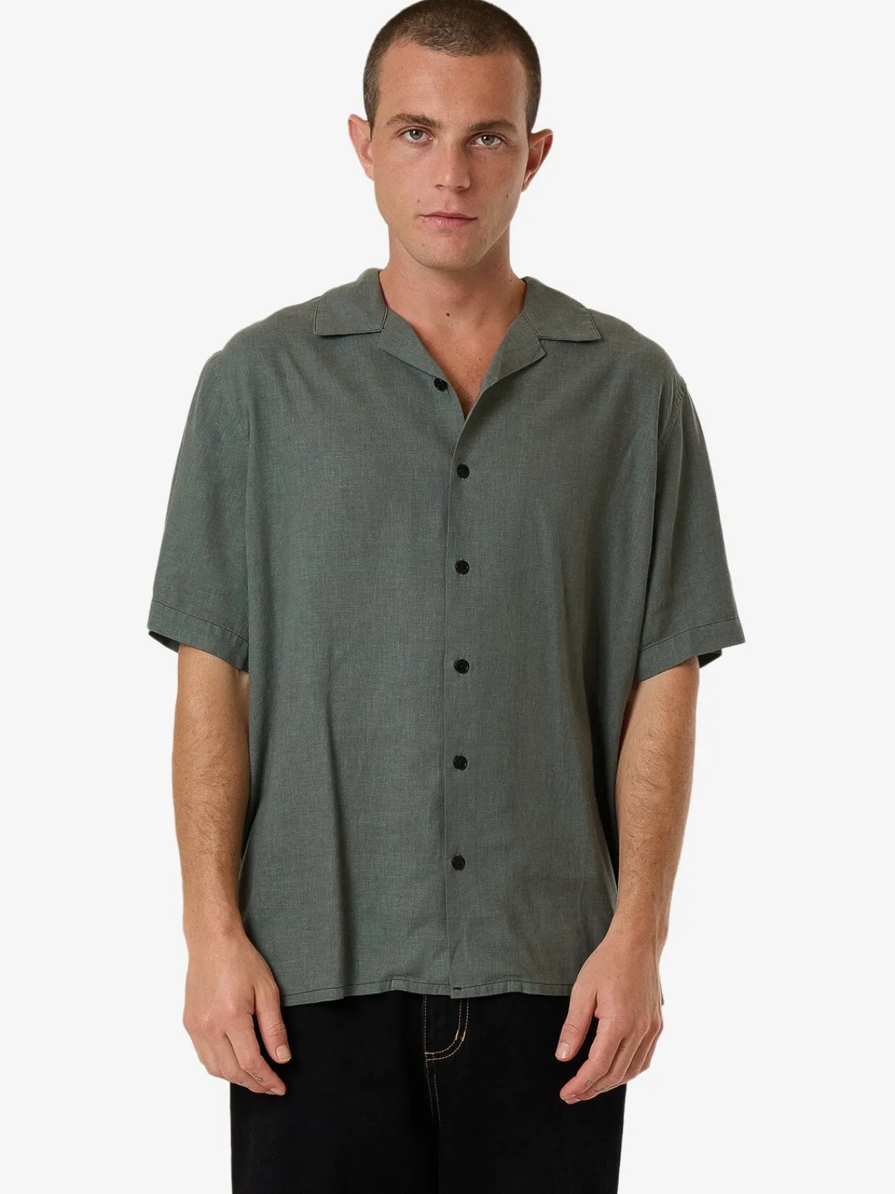 Hot Thrills Hemp Minimal Contrast Stitch Bowling Shirt - Dark Forest DarkForest