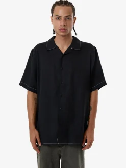 Discount Thrills Hemp Minimal Contrast Stitch Bowling Shirt - Black