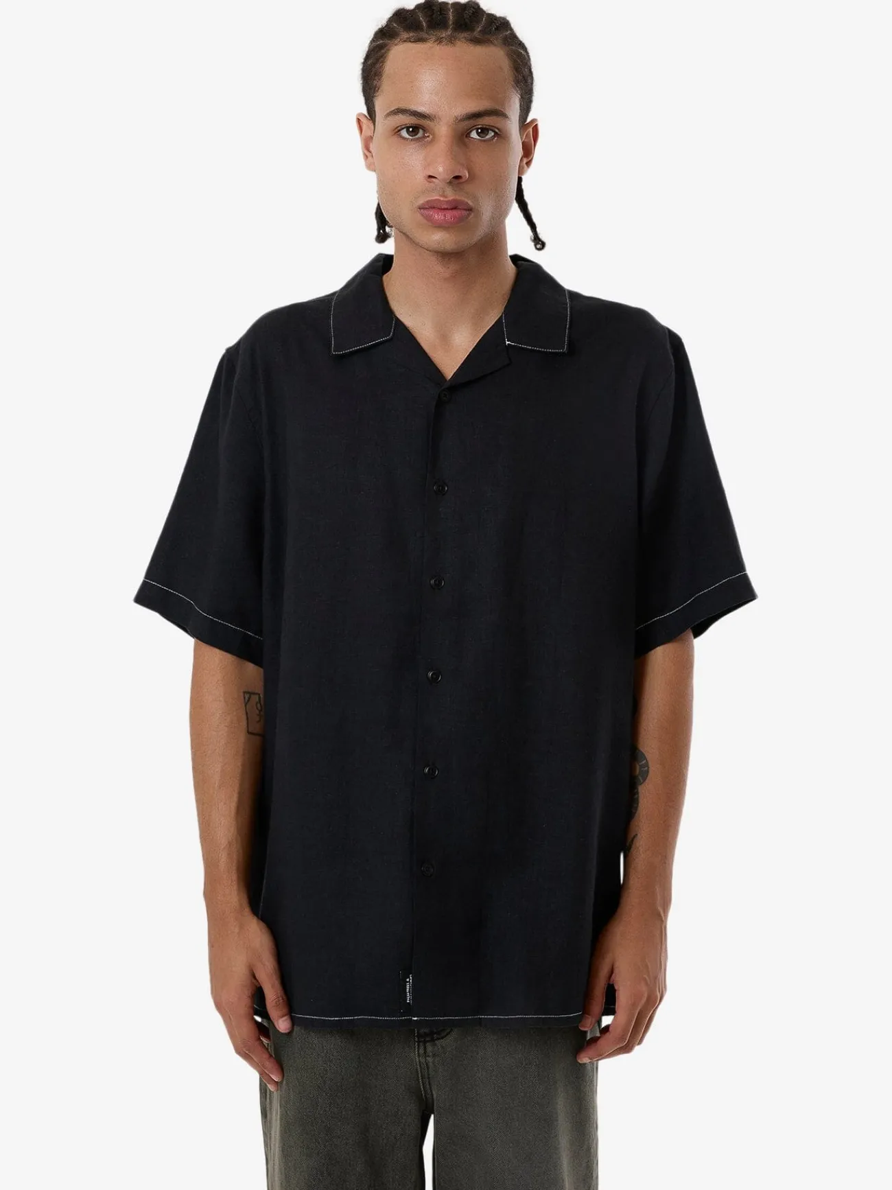 Discount Thrills Hemp Minimal Contrast Stitch Bowling Shirt - Black