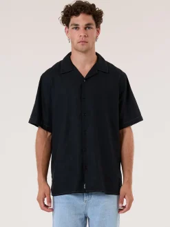 Discount Thrills Hemp Minimal Contrast Stitch Bowling Shirt - Black - Grey Contrast GreyContrast