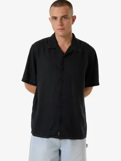 Clearance Thrills Hemp Minimal Contrast Stitch Bowling Shirt - Black