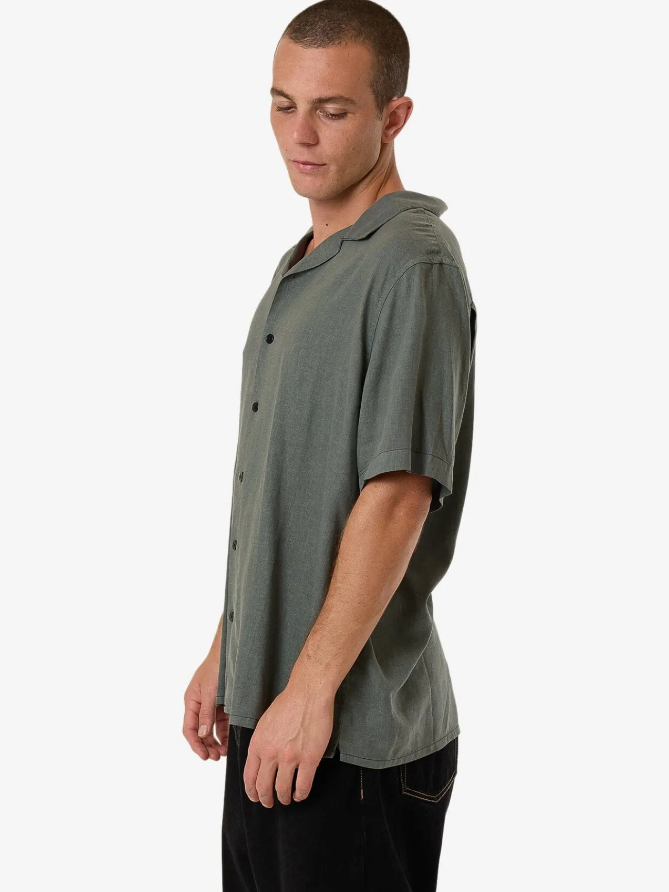 Hot Thrills Hemp Minimal Contrast Stitch Bowling Shirt - Dark Forest DarkForest