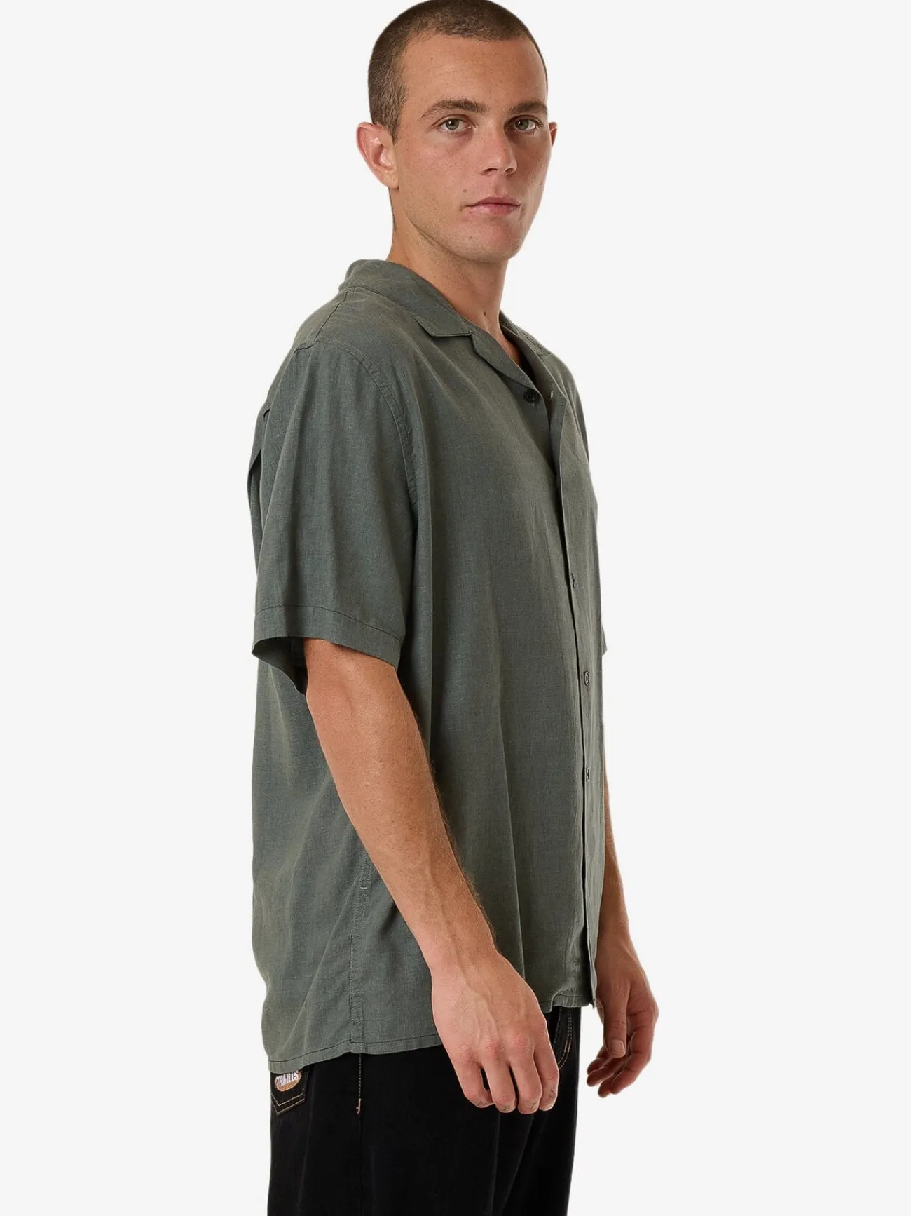 Hot Thrills Hemp Minimal Contrast Stitch Bowling Shirt - Dark Forest DarkForest