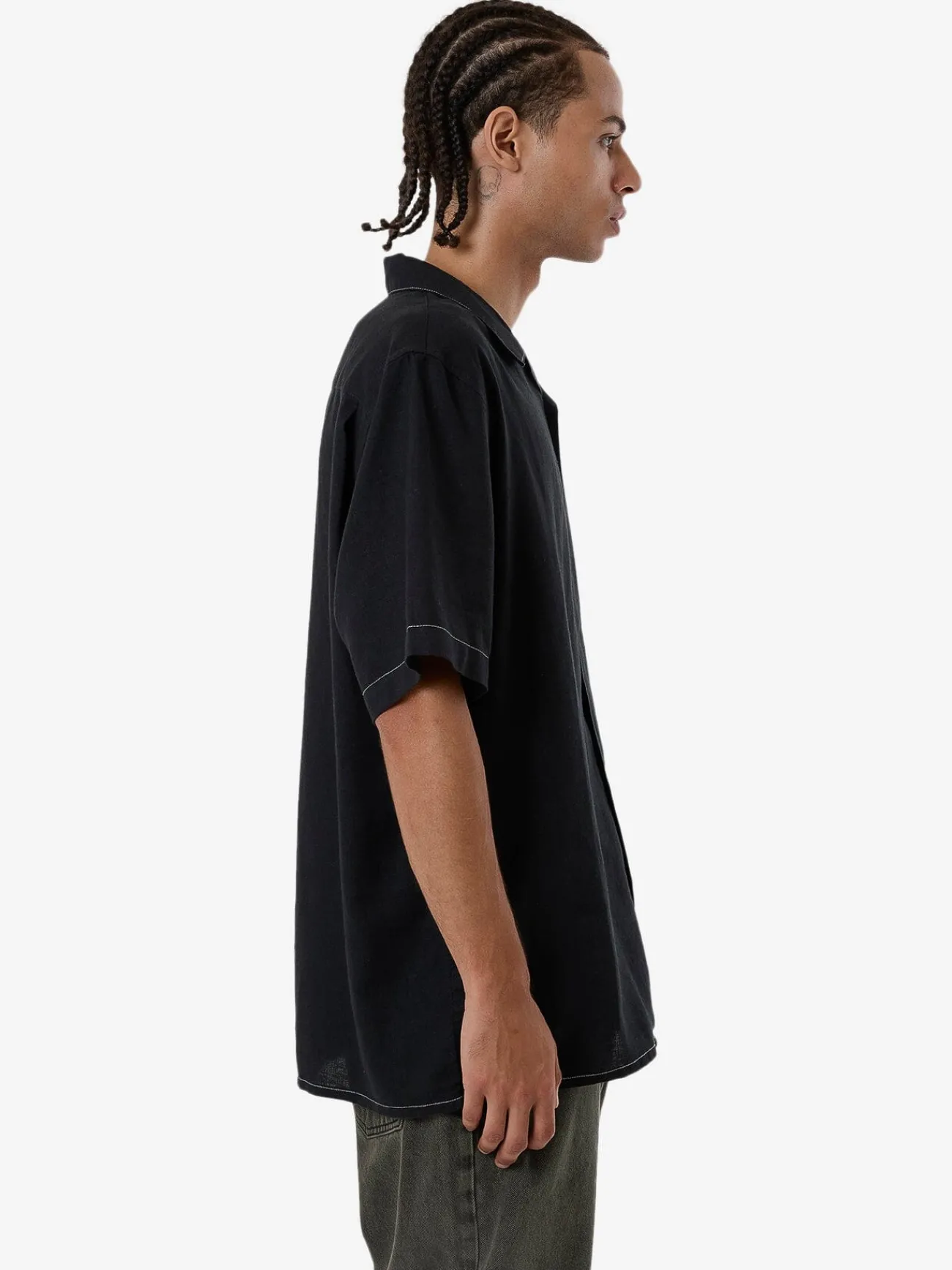 Discount Thrills Hemp Minimal Contrast Stitch Bowling Shirt - Black