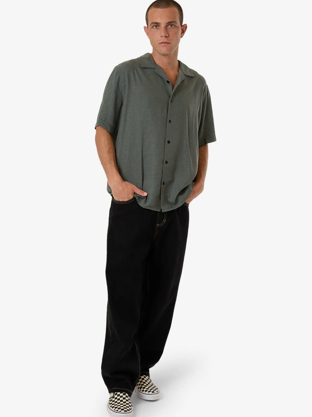 Hot Thrills Hemp Minimal Contrast Stitch Bowling Shirt - Dark Forest DarkForest