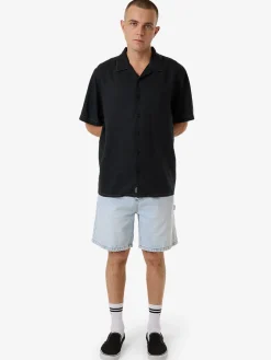 Clearance Thrills Hemp Minimal Contrast Stitch Bowling Shirt - Black