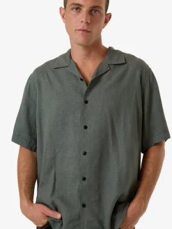 Hot Thrills Hemp Minimal Contrast Stitch Bowling Shirt - Dark Forest DarkForest