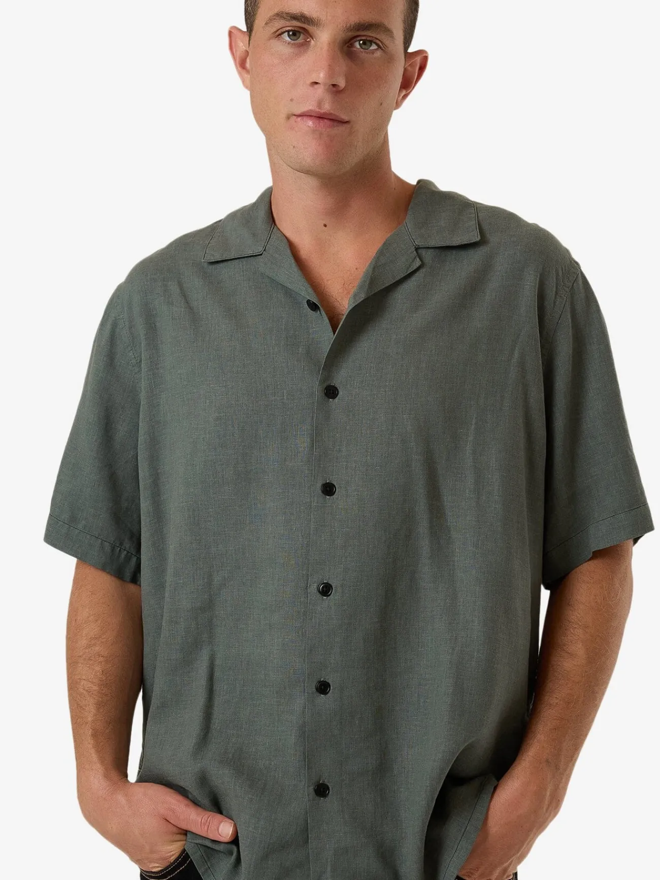 Hot Thrills Hemp Minimal Contrast Stitch Bowling Shirt - Dark Forest DarkForest