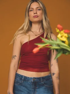 Sale Thrills Levitation One Shoulder Mesh Top - Red Dahlia RedDahlia