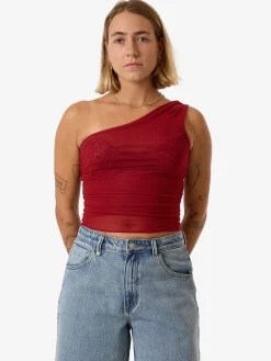 Sale Thrills Levitation One Shoulder Mesh Top - Red Dahlia RedDahlia