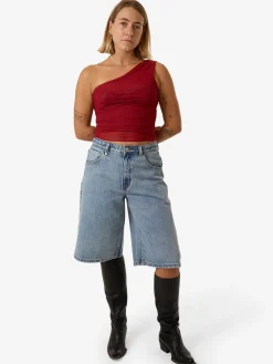 Sale Thrills Levitation One Shoulder Mesh Top - Red Dahlia RedDahlia