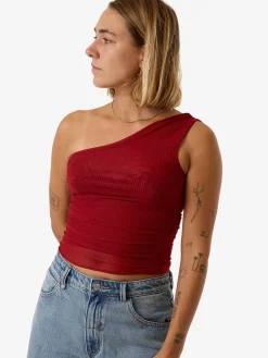 Sale Thrills Levitation One Shoulder Mesh Top - Red Dahlia RedDahlia