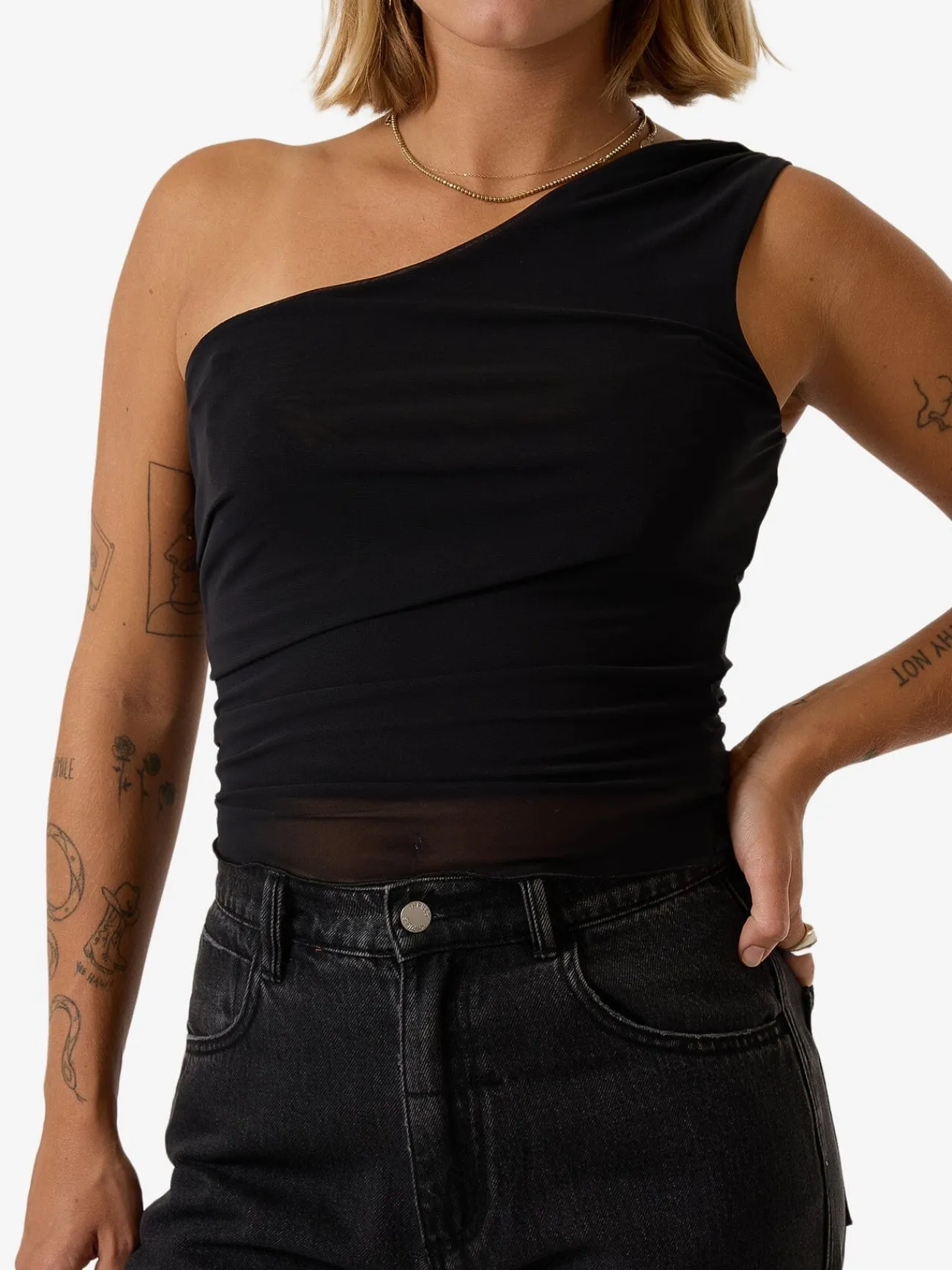 Clearance Thrills Mesh One Shoulder Top - Black