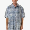 New Thrills Society Oversize Short Sleeve Check Denim Shirt - Bleach Blue BleachBlue