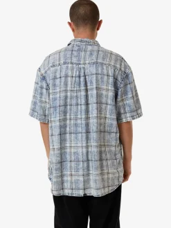 New Thrills Society Oversize Short Sleeve Check Denim Shirt - Bleach Blue BleachBlue