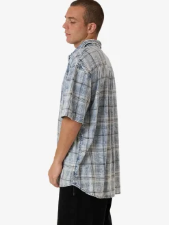 New Thrills Society Oversize Short Sleeve Check Denim Shirt - Bleach Blue BleachBlue