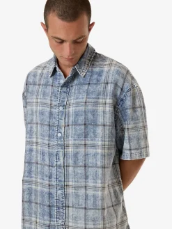 New Thrills Society Oversize Short Sleeve Check Denim Shirt - Bleach Blue BleachBlue