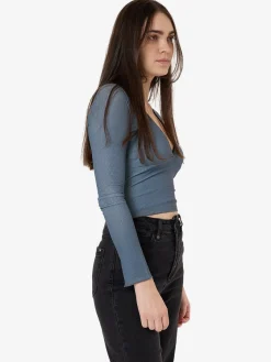 New Thrills Vertigo Plaid Long Sleeve Top - Charcoal Blue CharcoalBlue