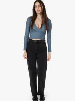 New Thrills Vertigo Plaid Long Sleeve Top - Charcoal Blue CharcoalBlue