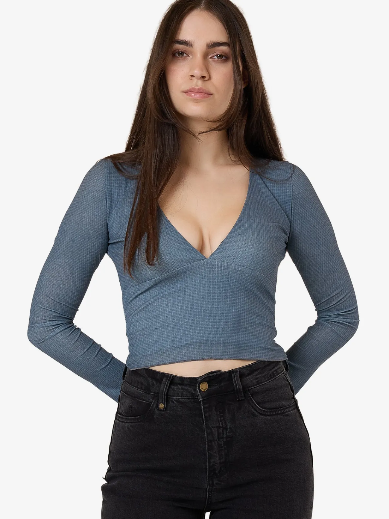 New Thrills Vertigo Plaid Long Sleeve Top - Charcoal Blue CharcoalBlue